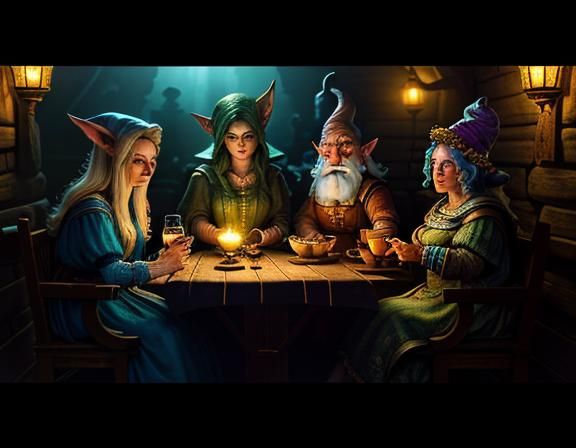 Gnome Spellcasters in Tavern, Renaissance Digital Art