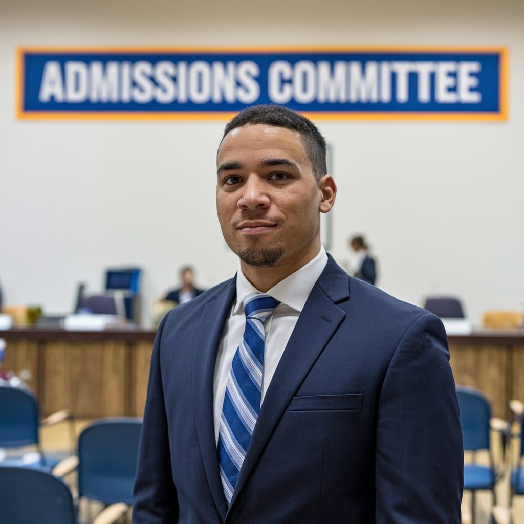 Kalash in Suit Stands Before Admissions Committee Banner