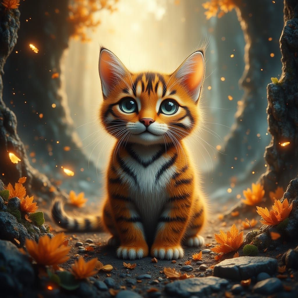 Tiny Kitten Dressed as Tiger in Enchanted Forest