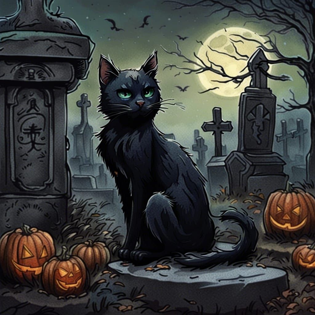 Halloween Black Cat Graveyard Tattoo Design