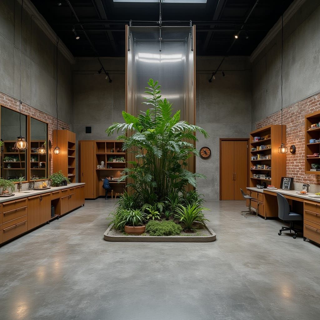 Industrial Chic Workshop with Art Deco Flair and Lush Interi...