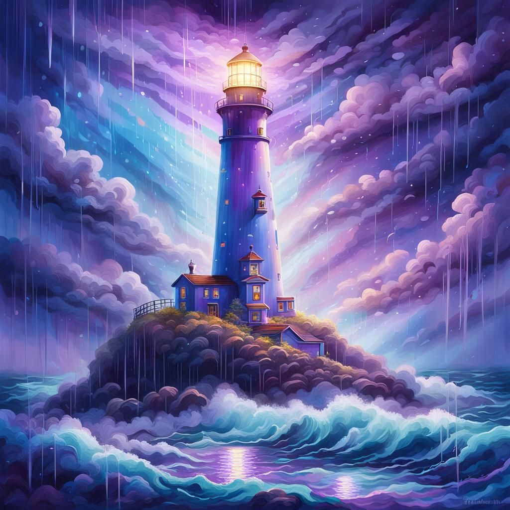 Lighthouse Shines in Cosmic Oil Painting