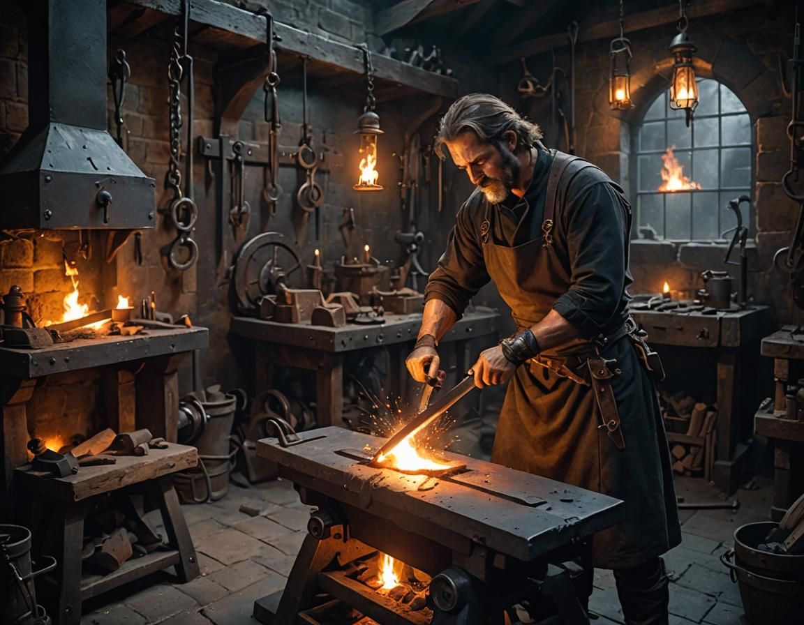 Medieval Blacksmith banging a sword, inside a medieval forge 2