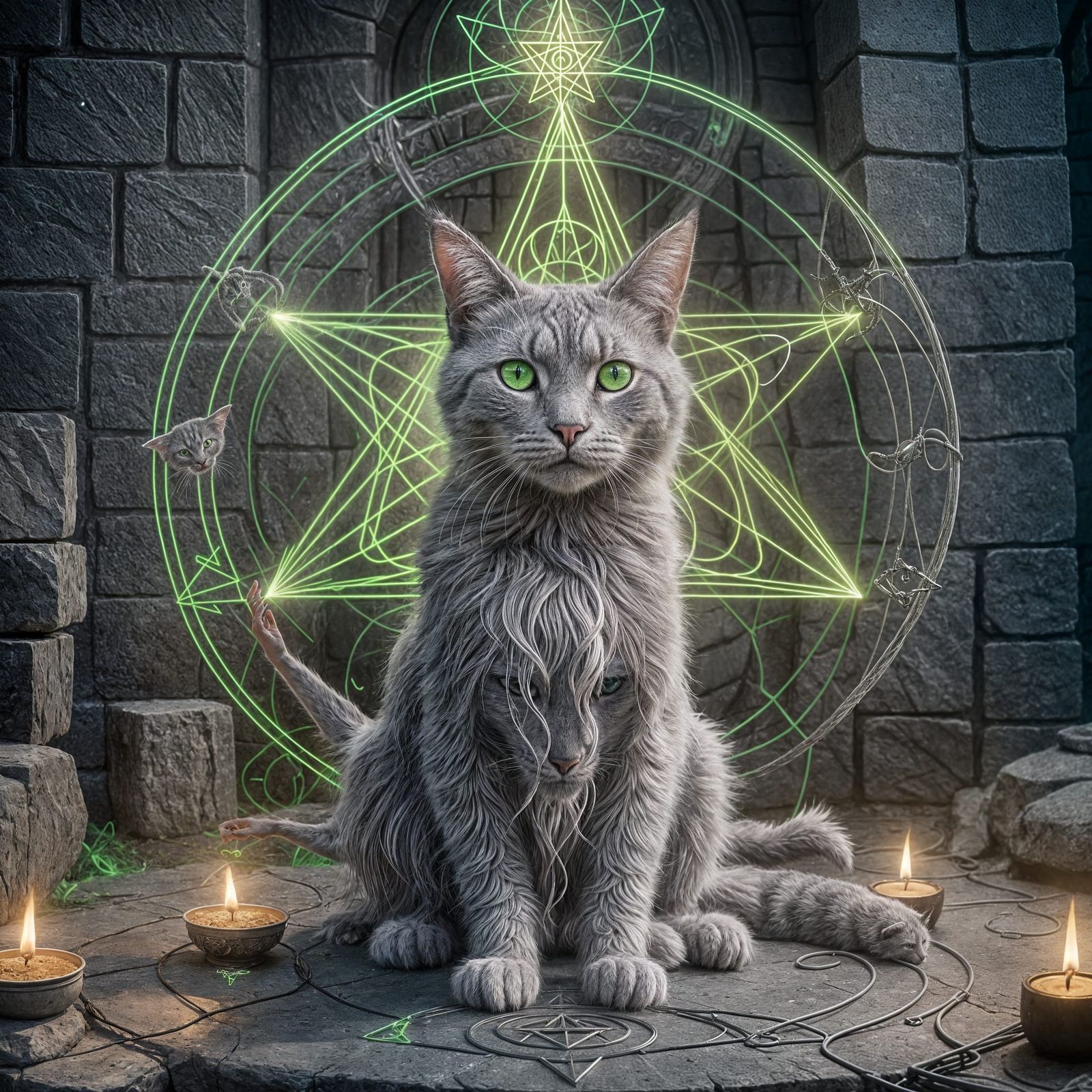 Cat Witch Casting a Spell, Detailed Fantasy Art