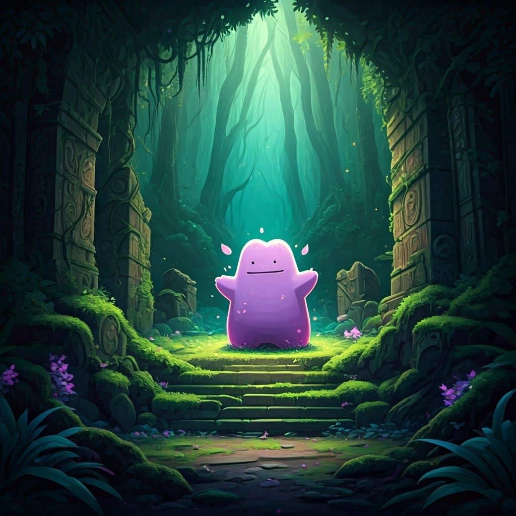 Ditto Transforms in Ancient Ruins: Neon Digital Art