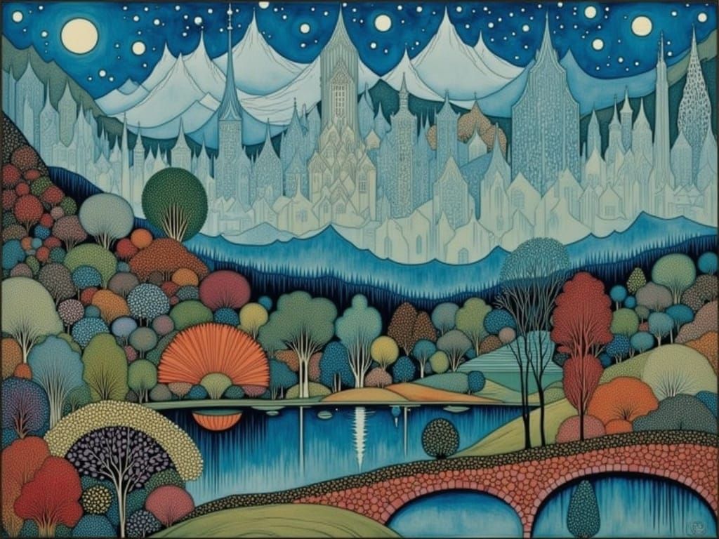 Surreal Twilight Valley Landscape Painting