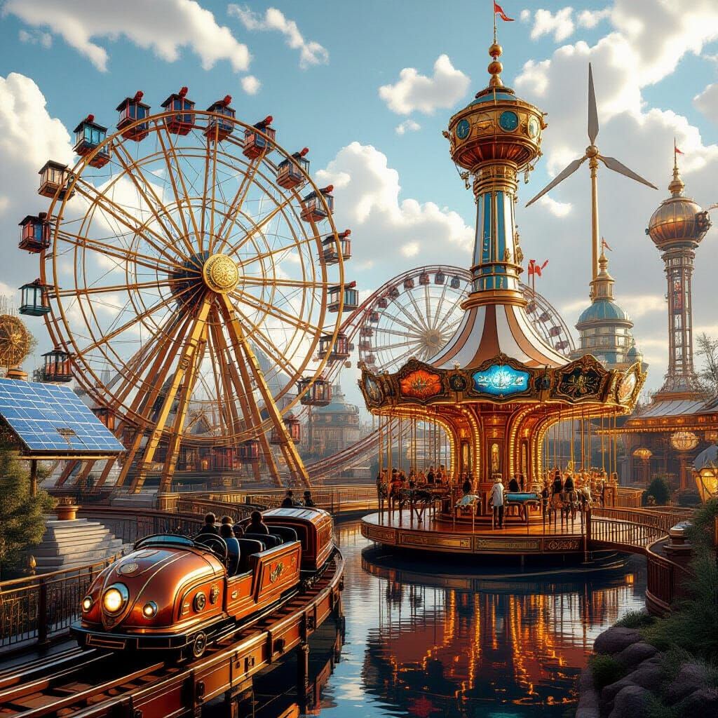 Steampunk Amusement Park Powered by Solar and Wind