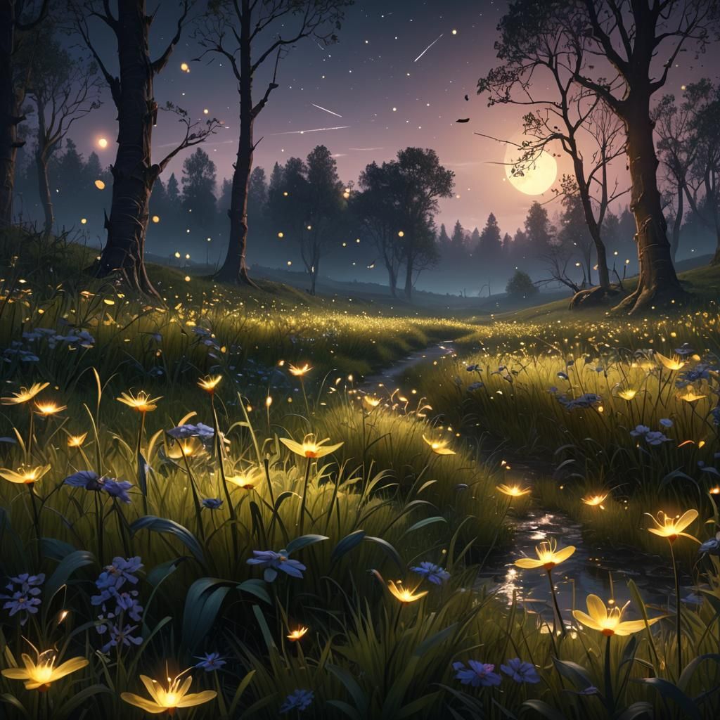 Fireflies in a Spring meadow at night