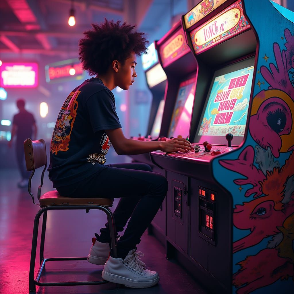 Cyberpunk Street Gamer in Neon Arcade