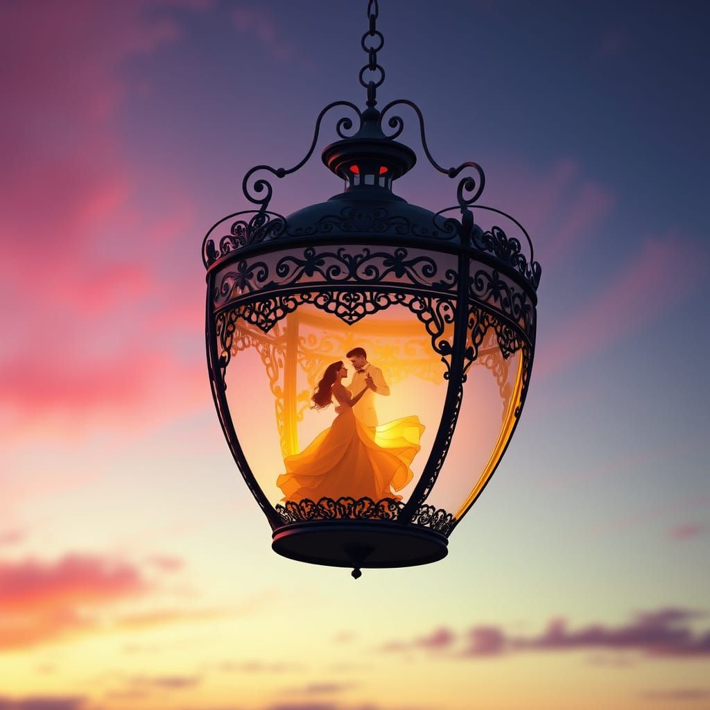 Ethereal Heart-Shaped Lantern in Twilight Sky, Couples Silho...