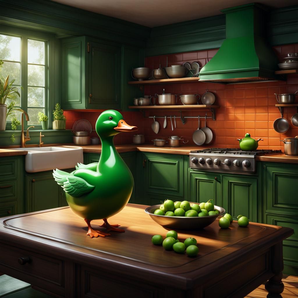 Green Duck in Kitchen: Detailed Matte Painting
