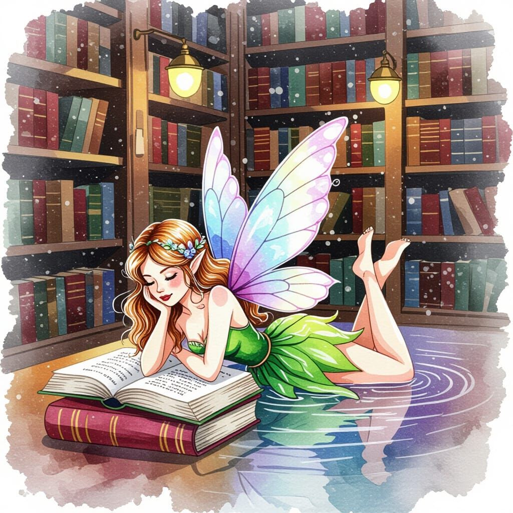 Fairy Reading in Library with Watercolor Splatter Effect