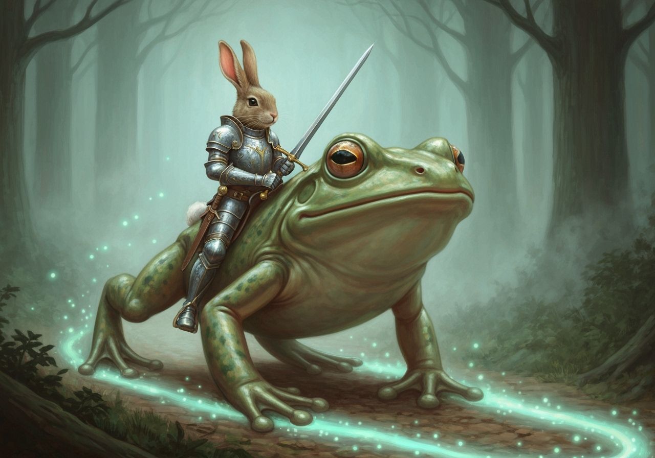 Rabbit Knight Riding Frog in Mystical Forest