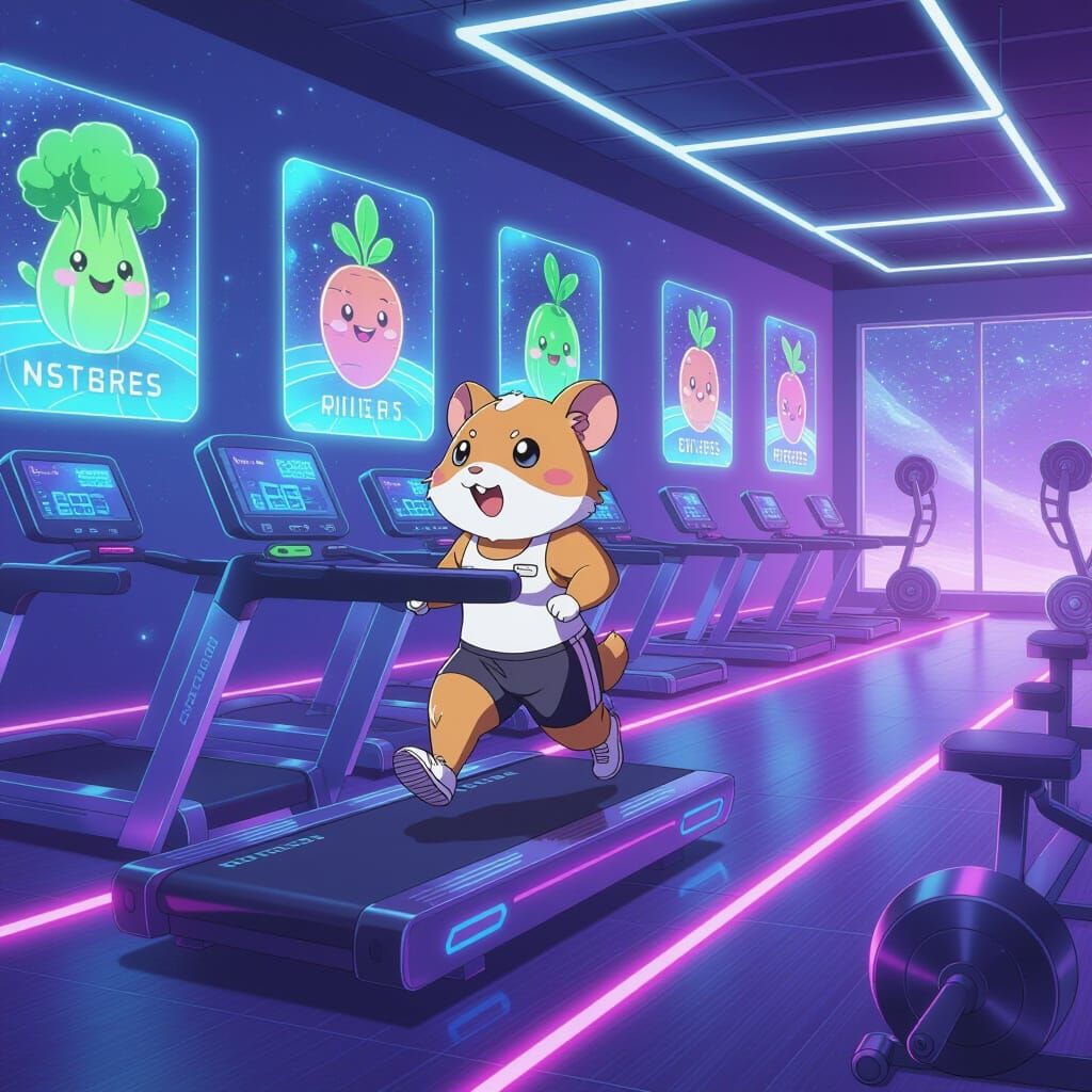 Cute Hamster Working Out in Neon Fitness Center
