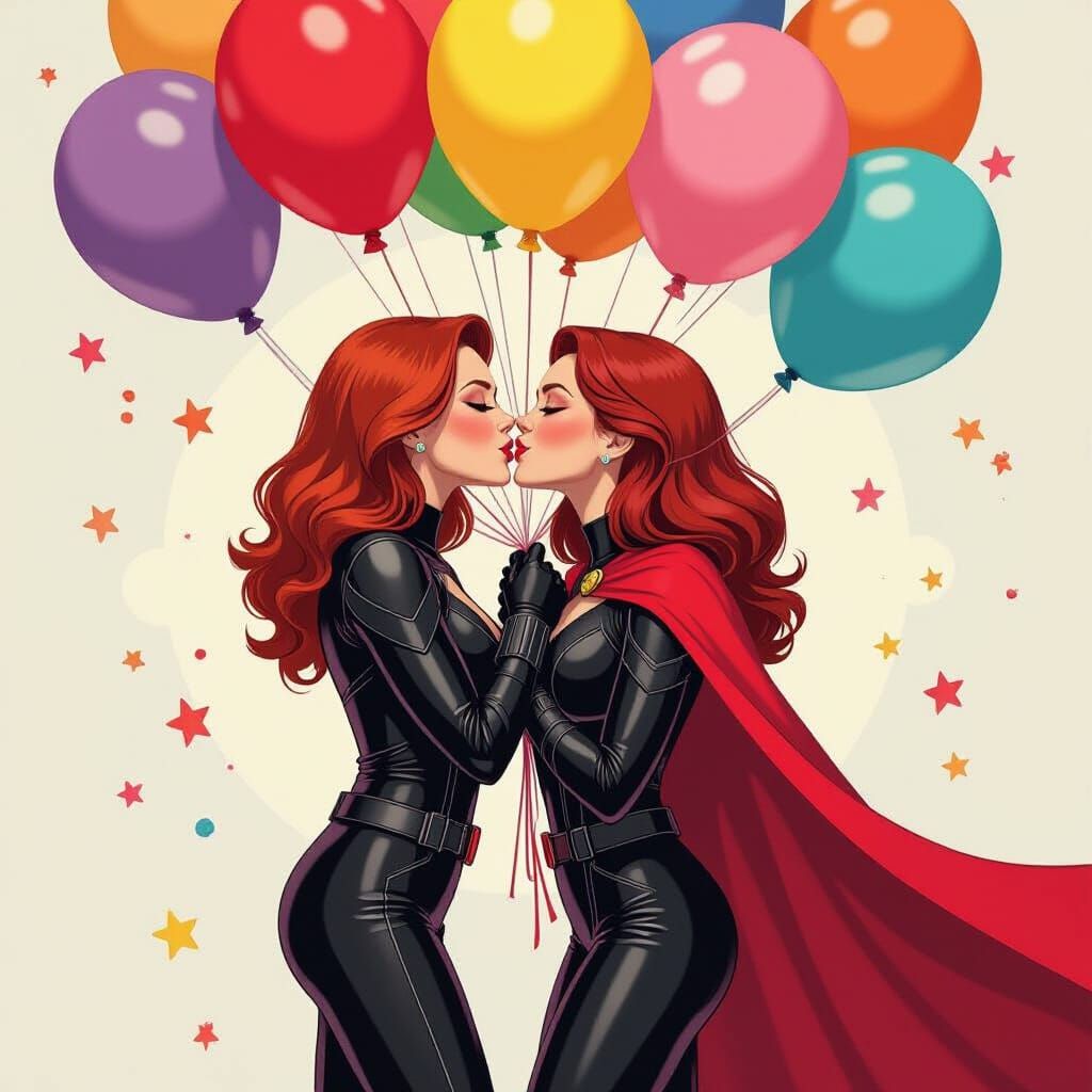 Black Widow and Scarlet Witch Kissing Balloons