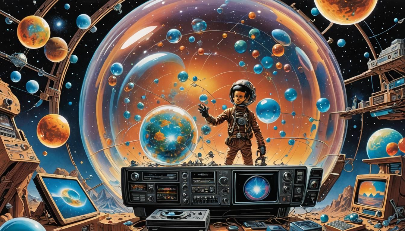 Retro Tech Magazine Cover with Crystals and Bubbles