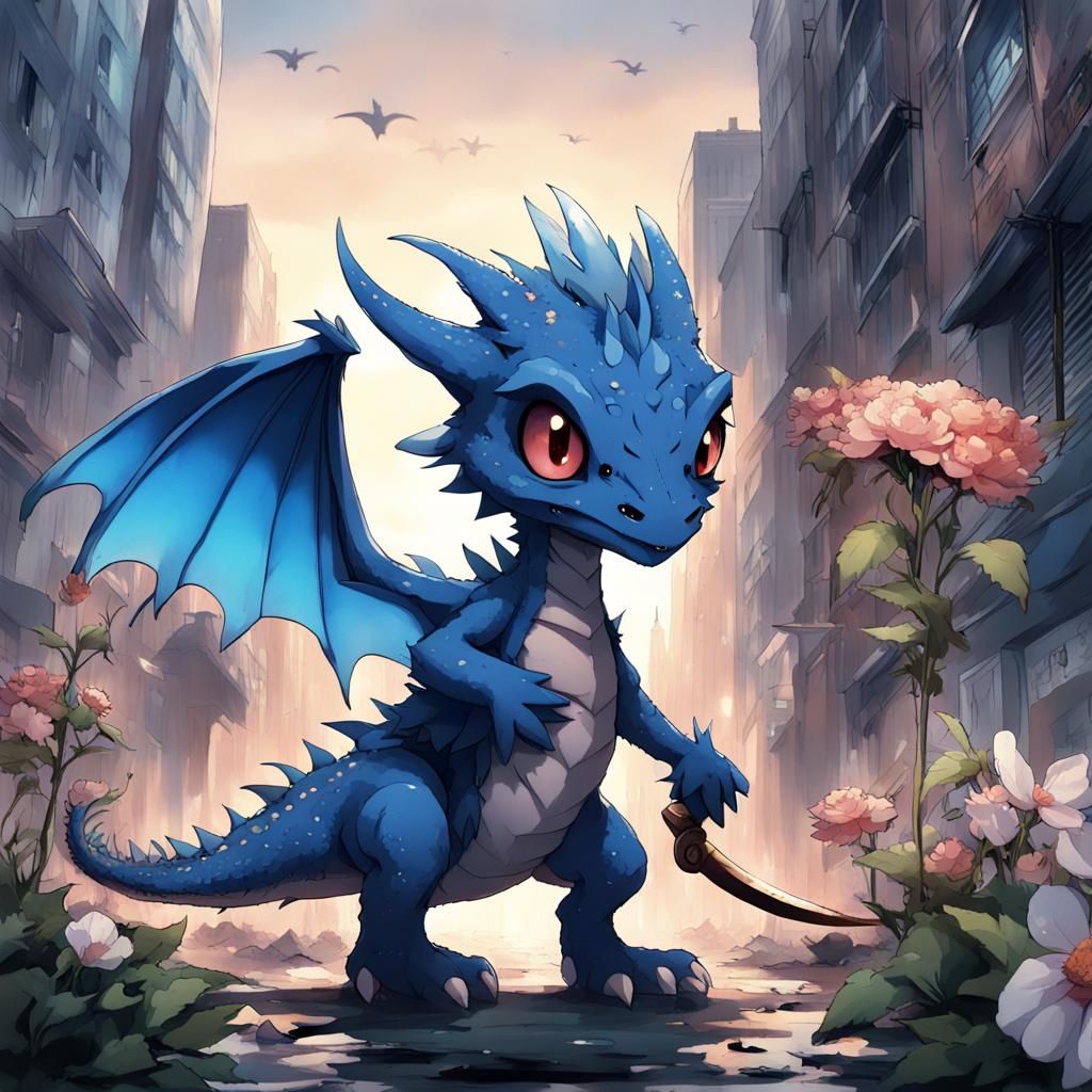 Blue Dragon Strolls Through Apocalyptic City