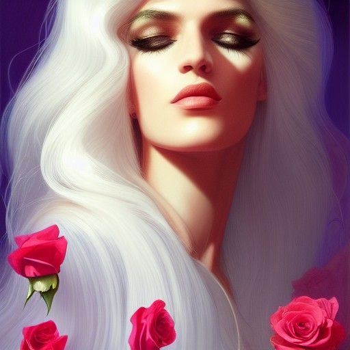 Goddess Portrait with White Hair and Roses