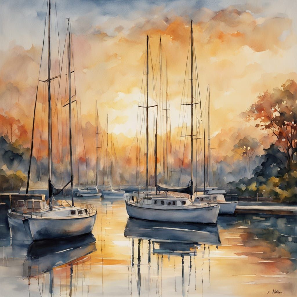Sailboat at Sunset in a Serene Harbor Marina Watercolor