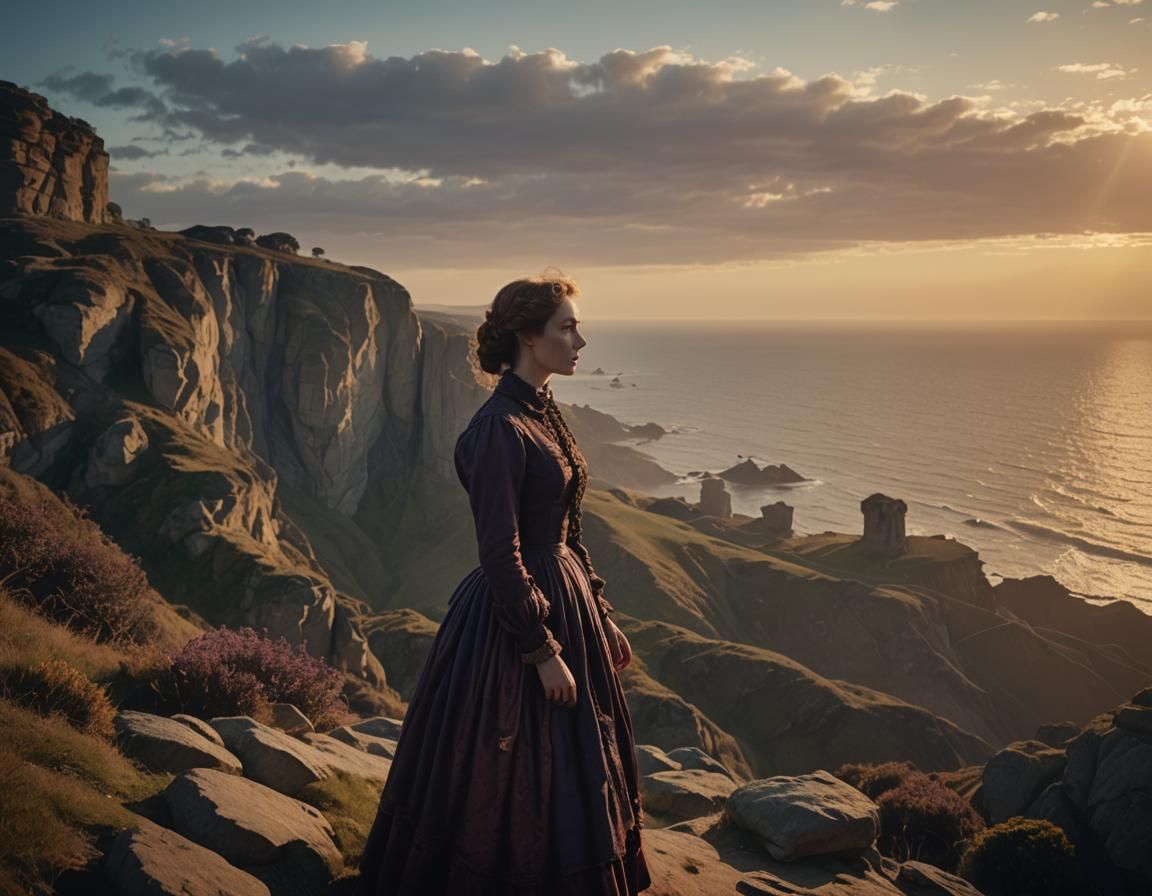 Woman in Victorian Dress at Sunset, Cinematic Still