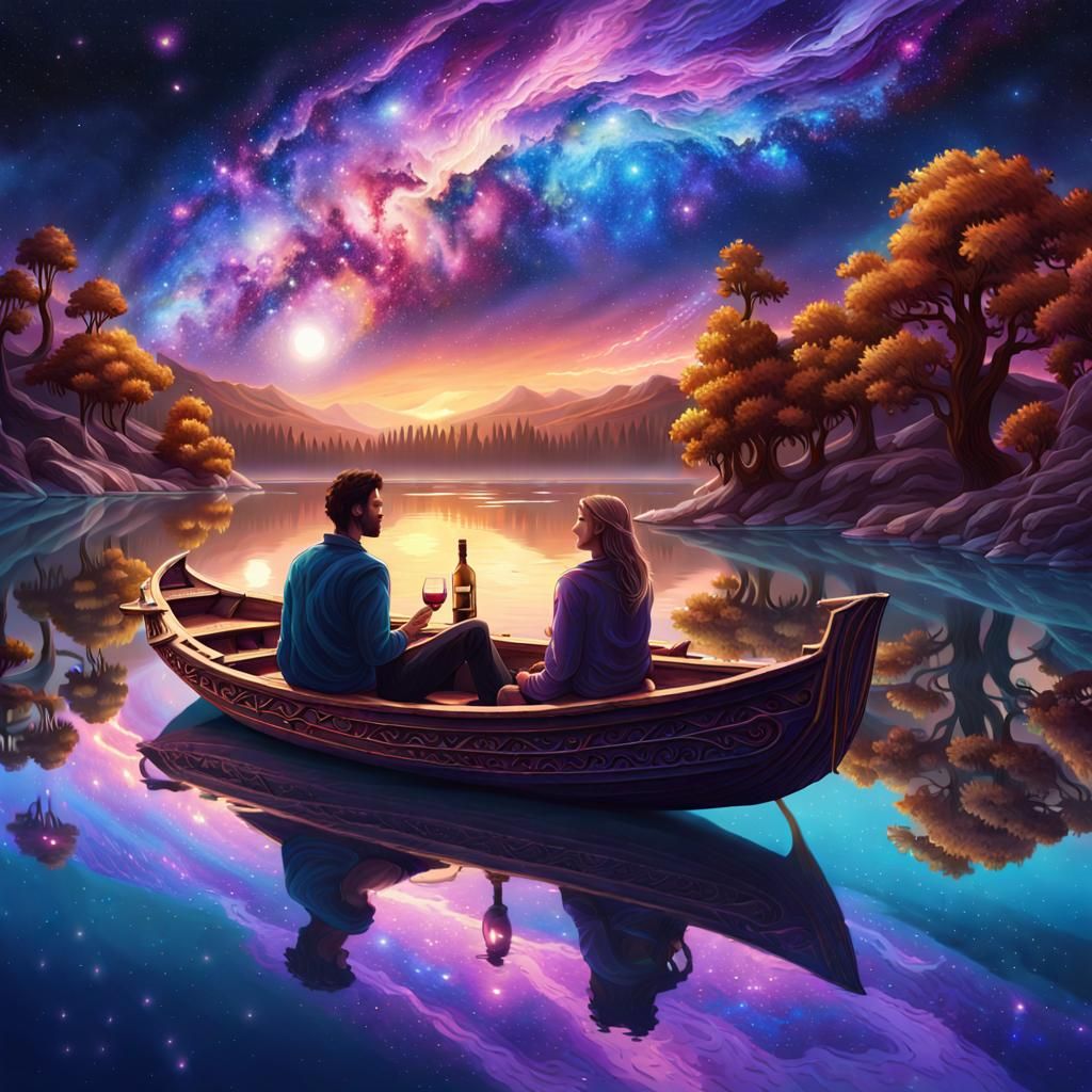 Couple Gazing at Galaxy on Lake in Fantasy Art