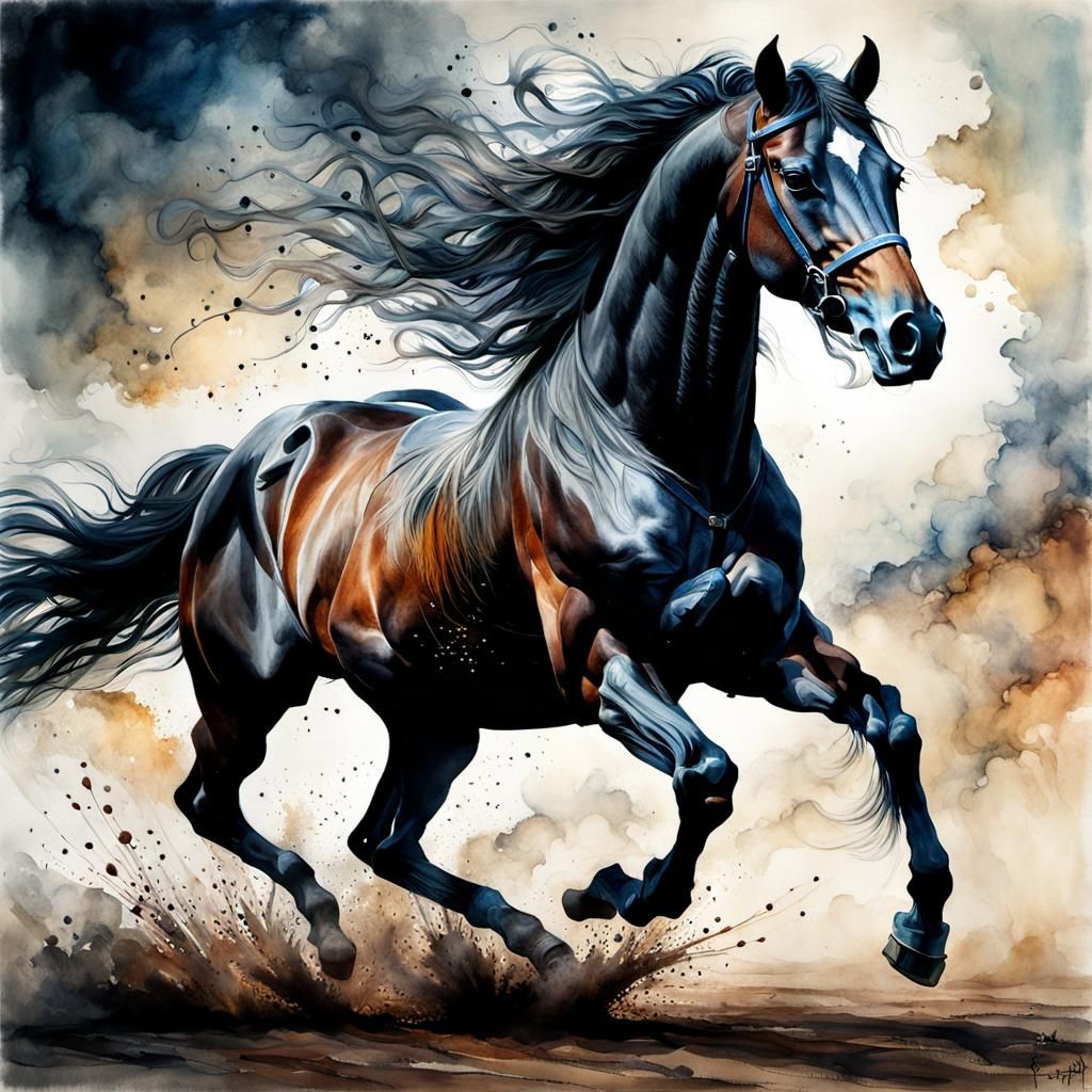 Galloping Horse in Double Exposure Watercolor Style