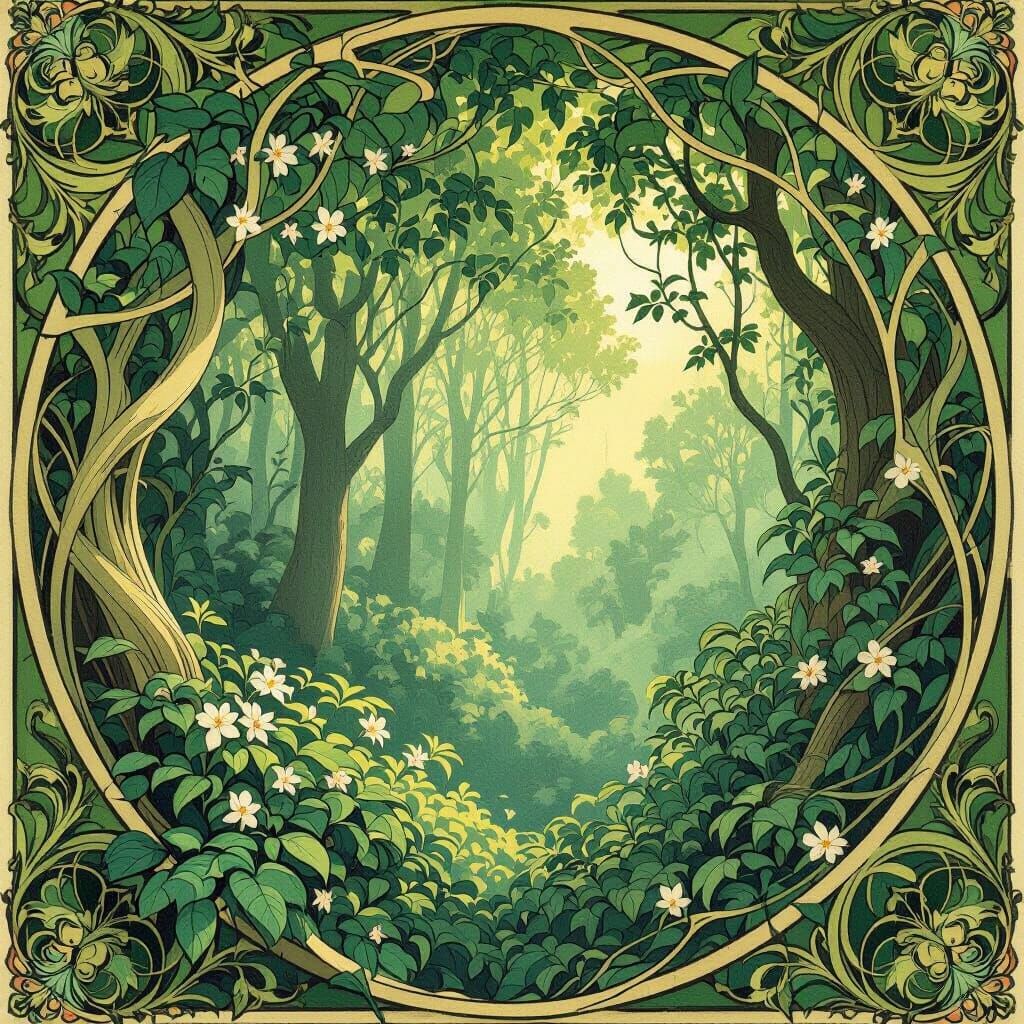 Art Nouveau Forest with Lush Fantastical Flora