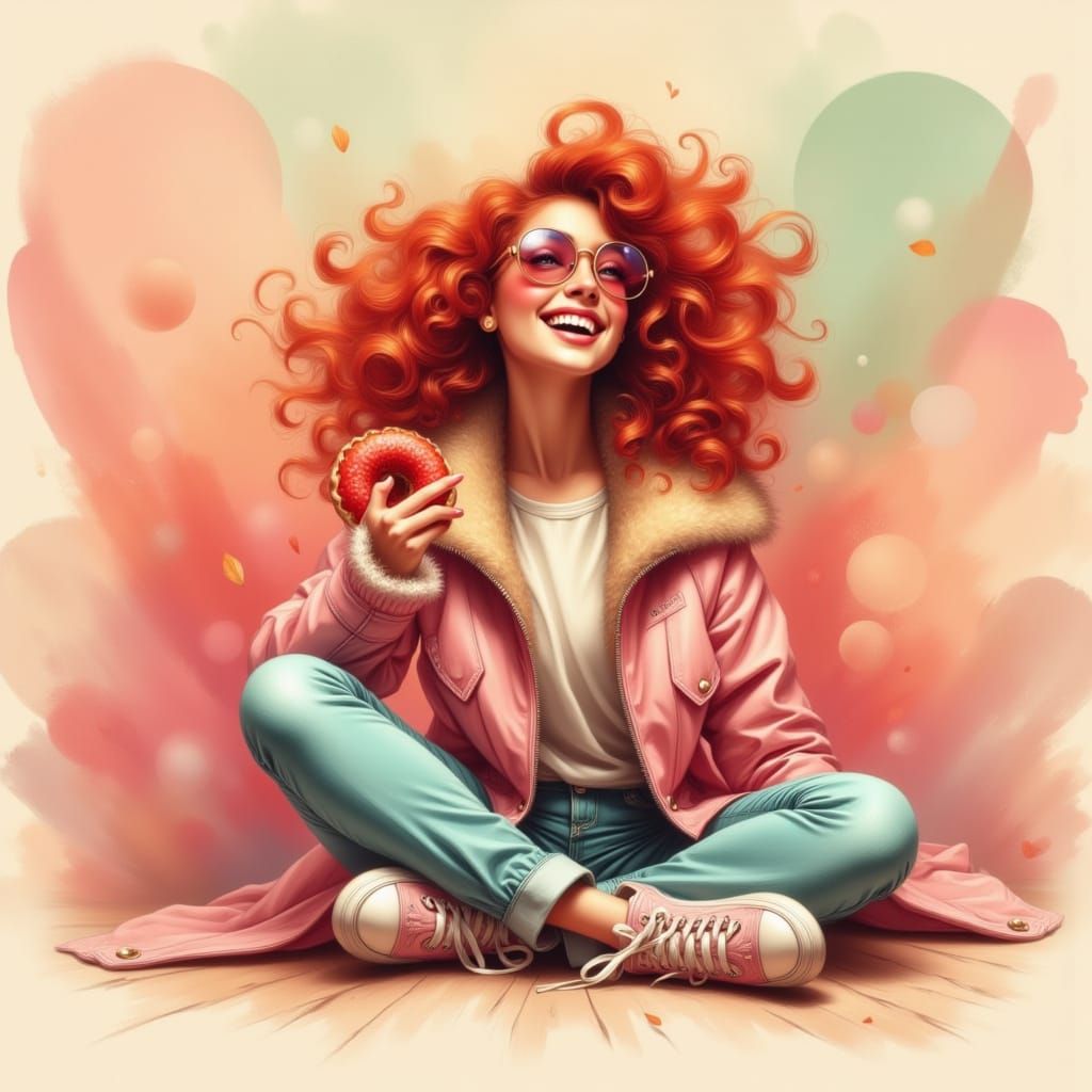 Cheerful Woman with Red Hair in Abstract Art Style