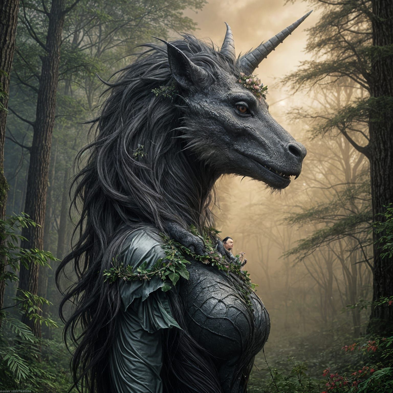 Surreal Dragon-Unicorn Hybrid in Gothic Landscape