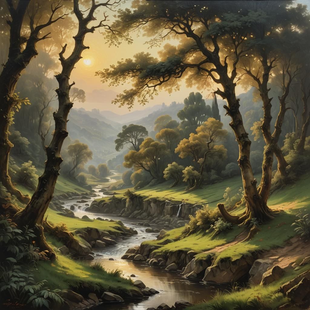 Baroque Italian Landscape Painting with Golden Light