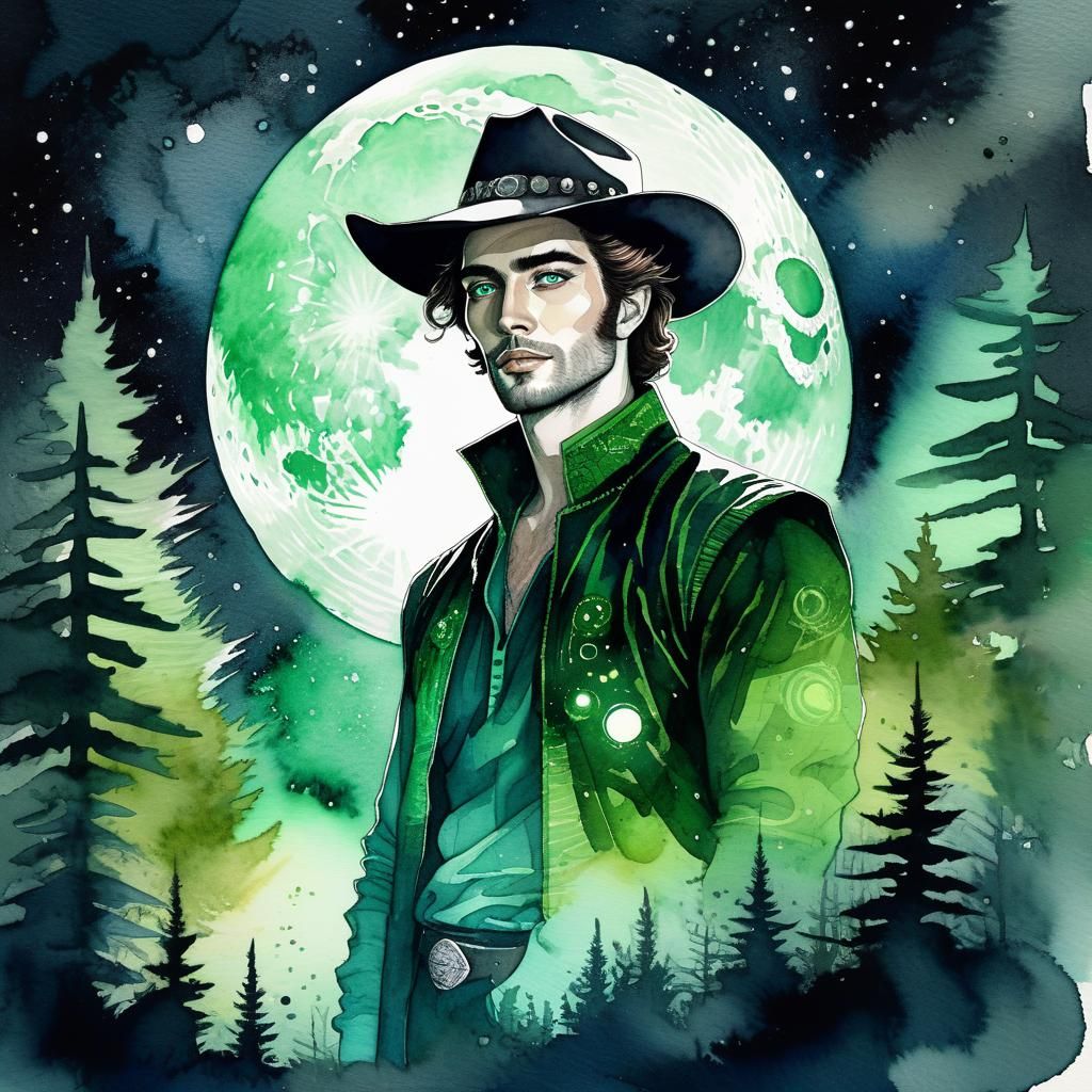 Space Cowboy in Ethereal Watercolor Forest