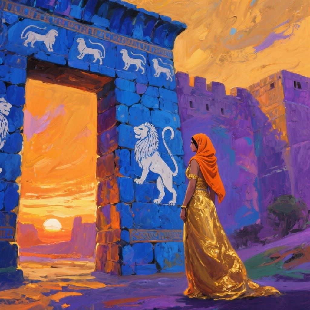 Abstract Assyrian Gate with Princess at Sunset
