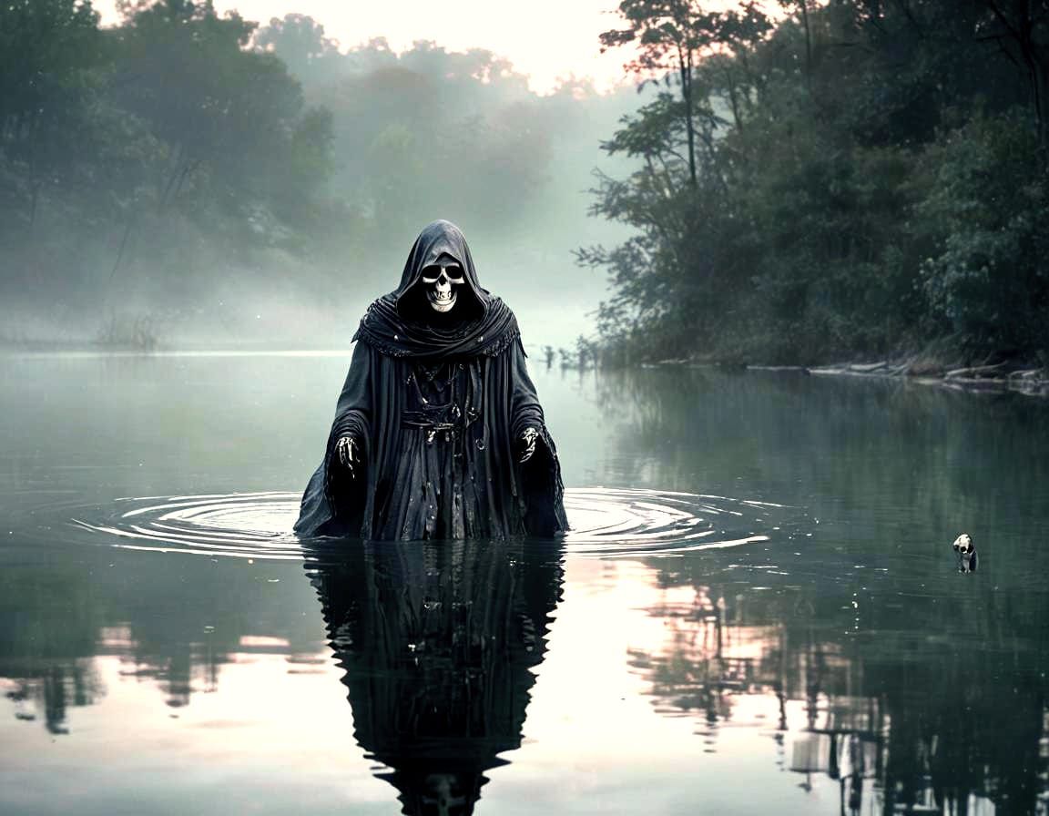 Grim Reaper Glides on Lake in Pastel Art