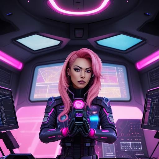 Cyberpunk Captain in Spaceship Control Room
