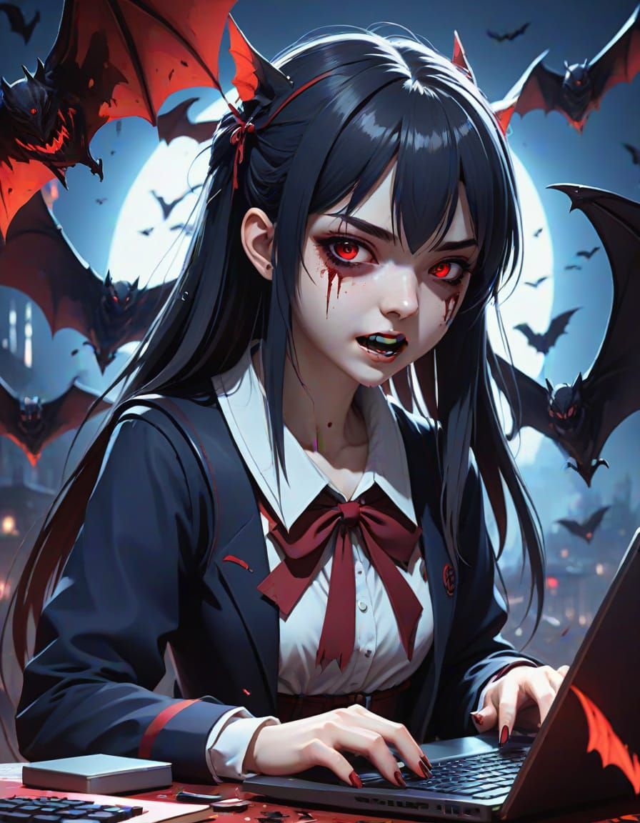 Bloodthirsty Vampire Schoolgirl in Dark Anime Style