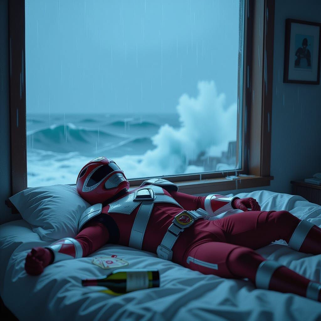 Unconscious Power Ranger in Stormy Room