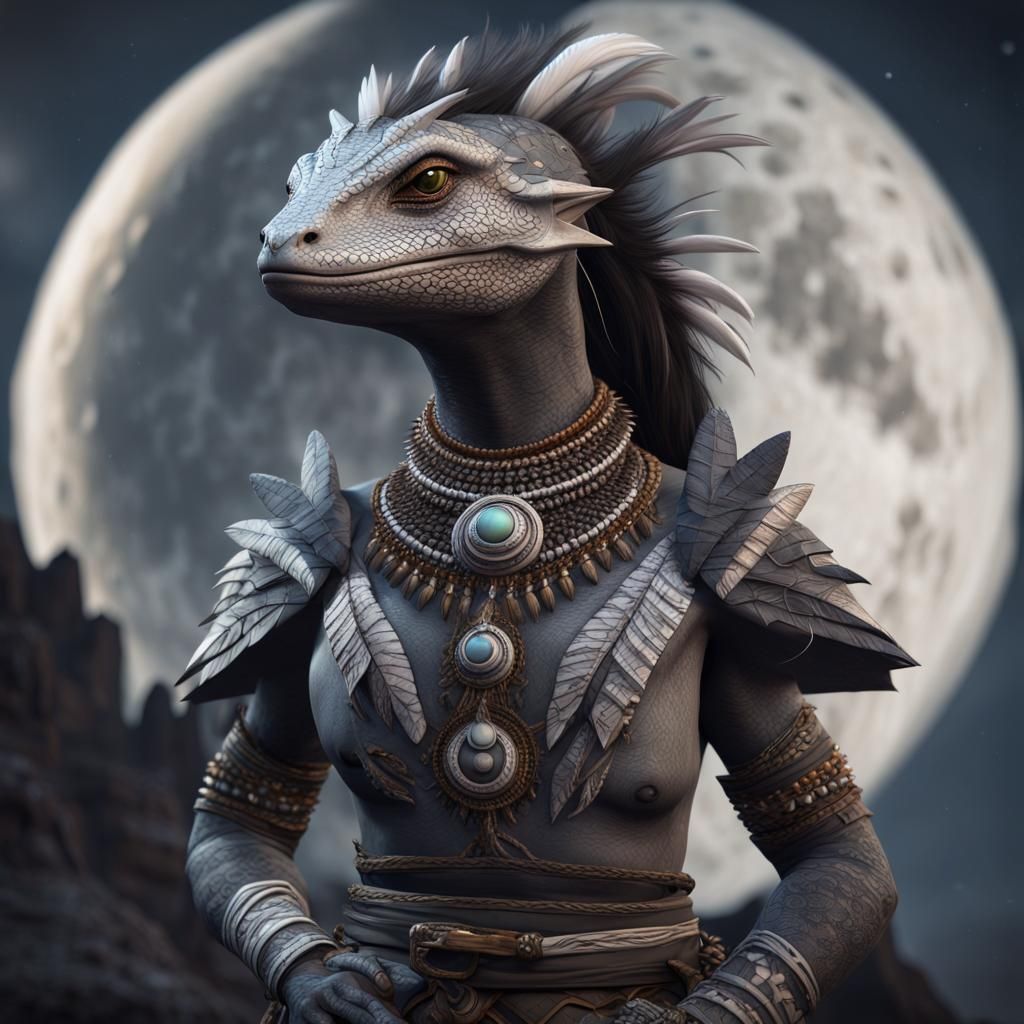 Argonian Lizard Woman in Aztec Dress Before Moon