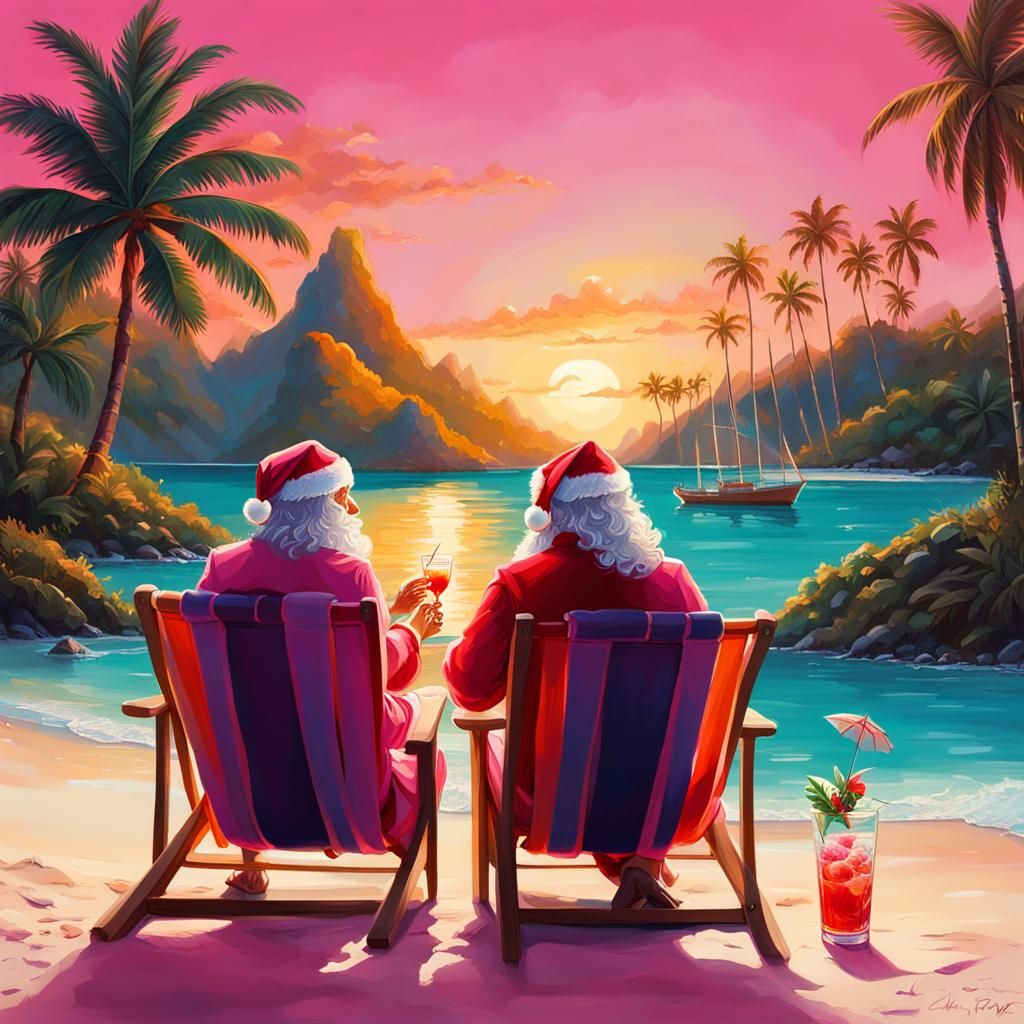 Santa and Mrs. Claus Relax on Tropical Beach