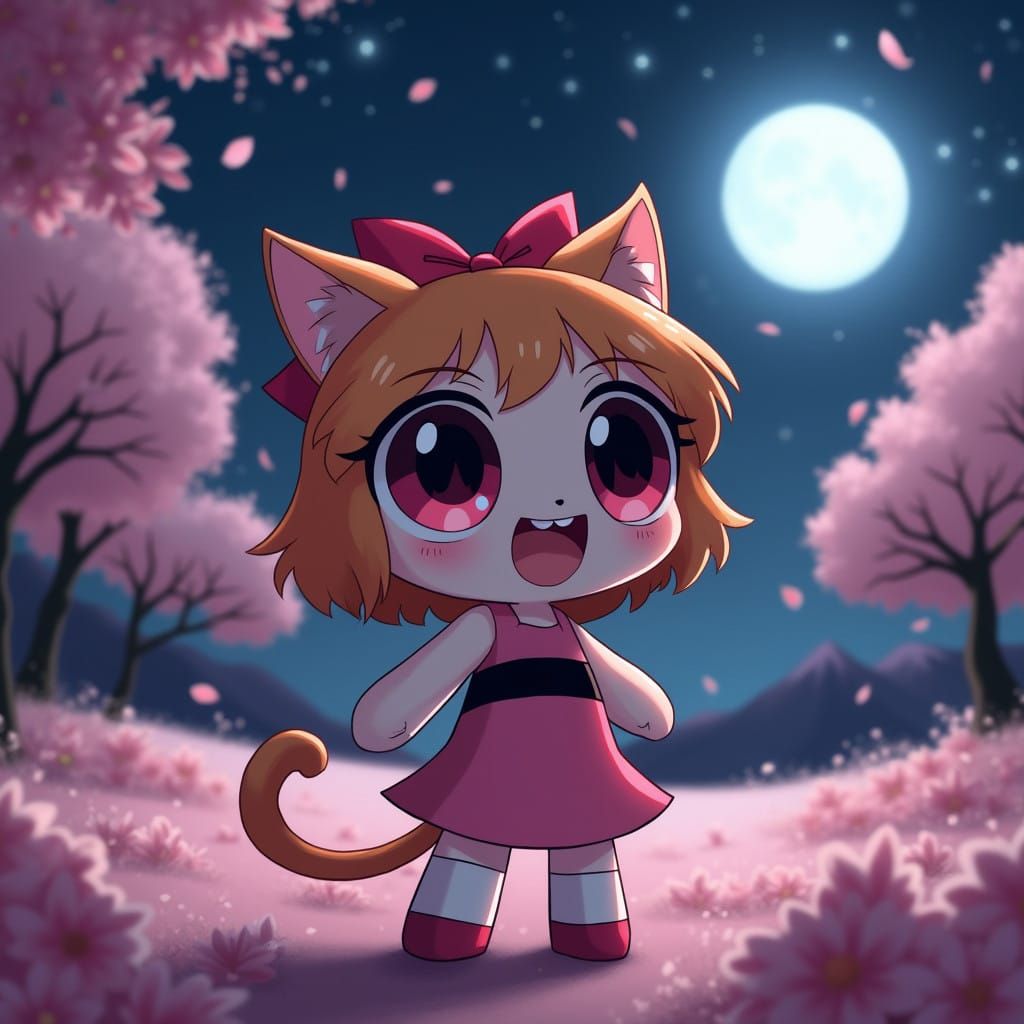 Whimsical Powerpuff Blossom as Chibi Anime Catgirl
