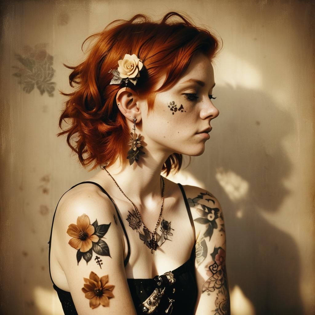 Sepia Portrait of Redhead Punk Woman with Tattoo