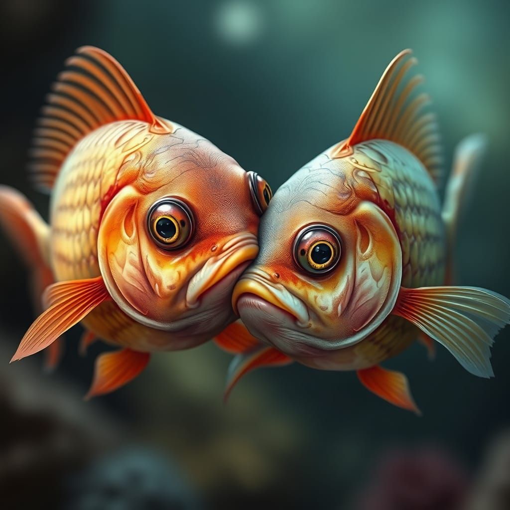 Hyperrealistic Fish Friends Cuddling in Playful Harmony