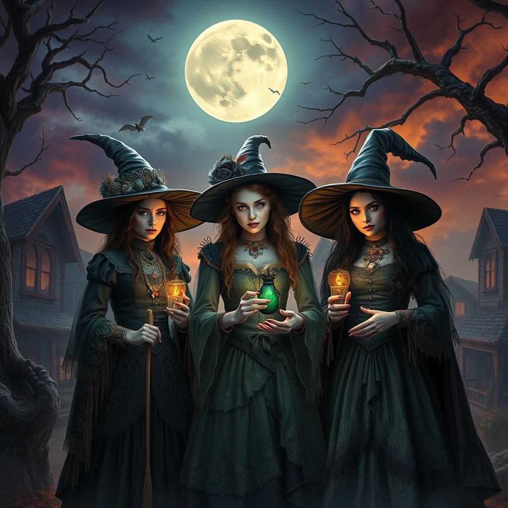 Witches Conjuring Essence in Eerie Halloween Night