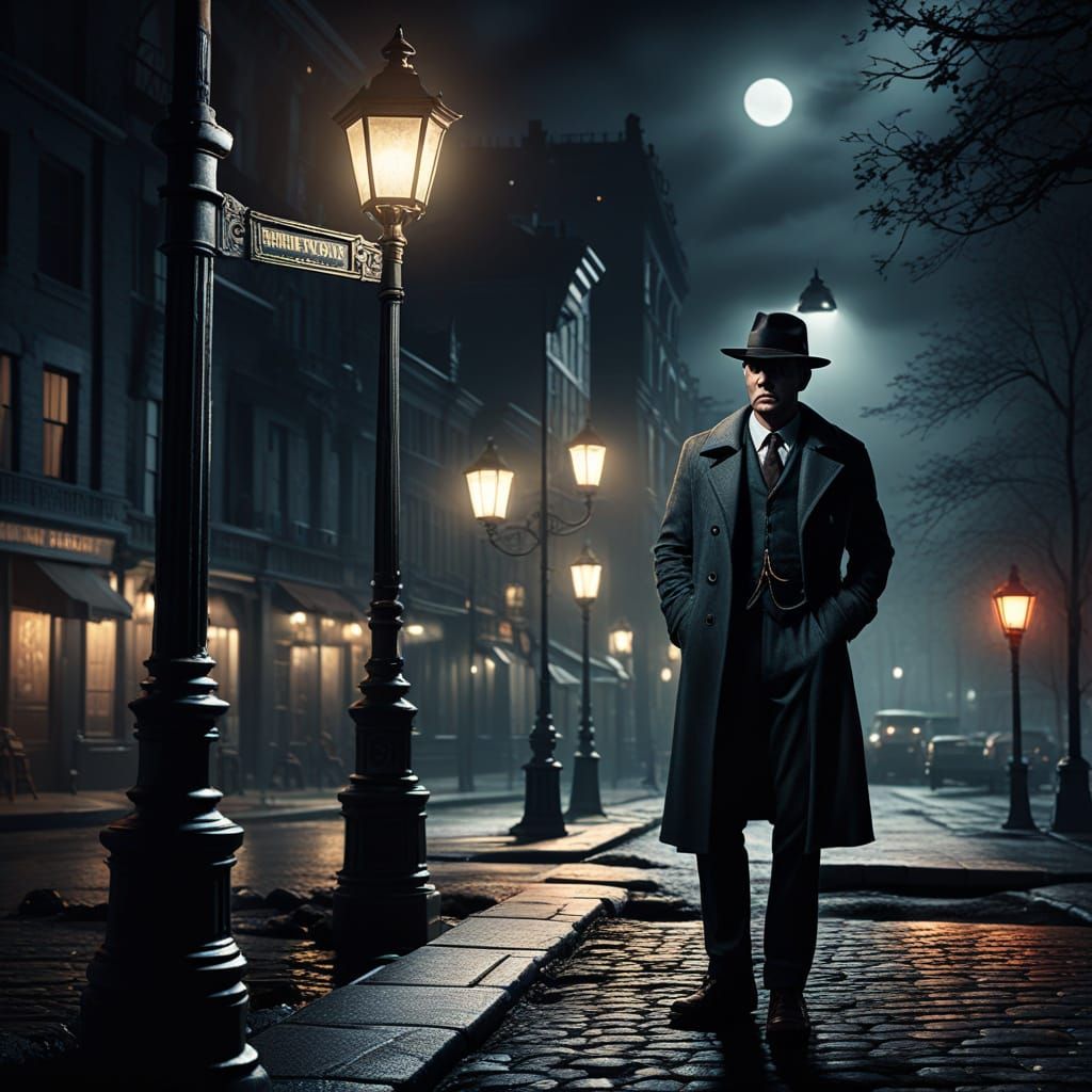 Film Noir Detective Leaning on Lamppost