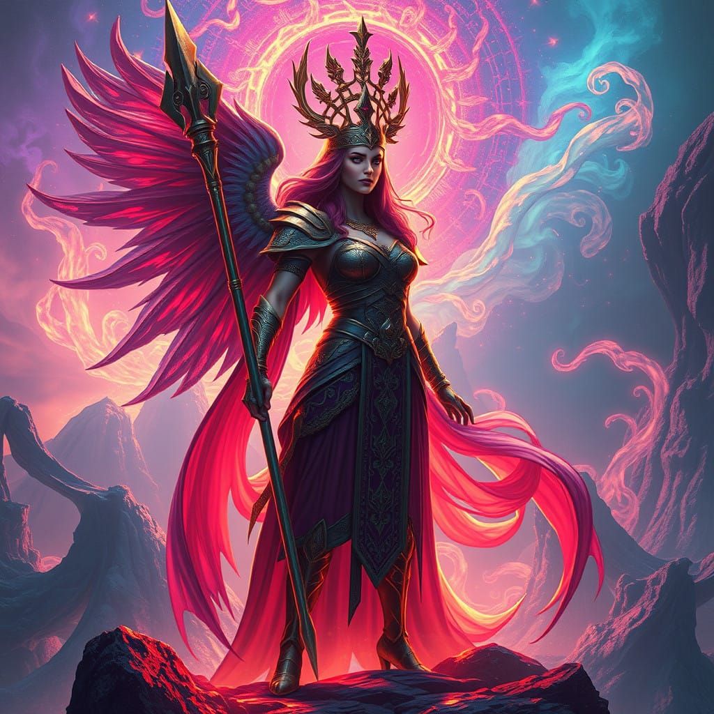 Regal Warrior Queen in Vibrant, Iridescent Aura