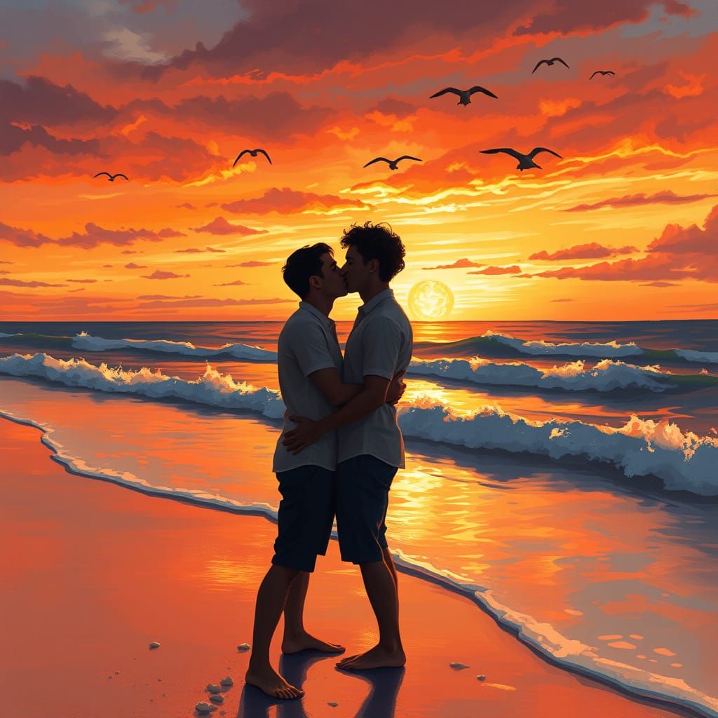 Gay Couple's Sunset Kiss in Impressionistic Style