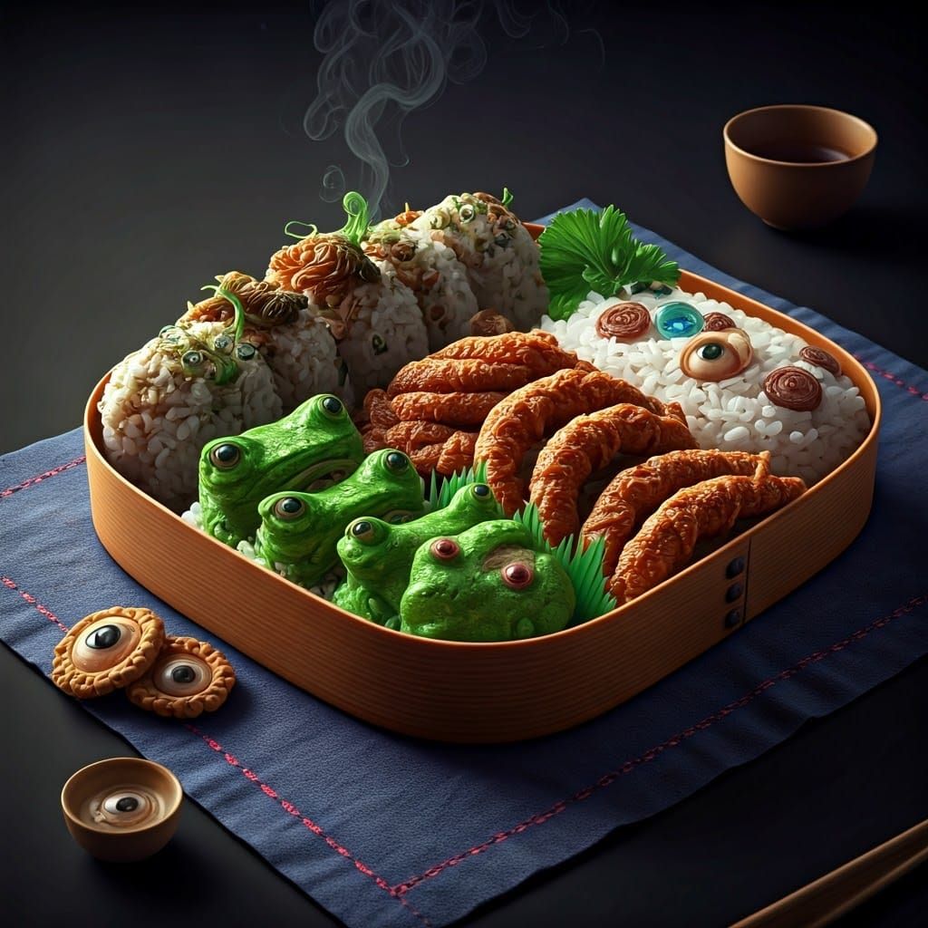 Surreal Bento Box of Frog Sushi, Dark Fantasy