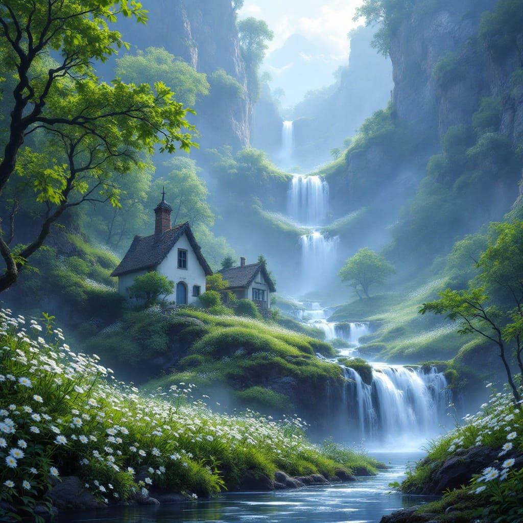 Fantasy Paradise Valley: Detailed Matte Painting in 8K