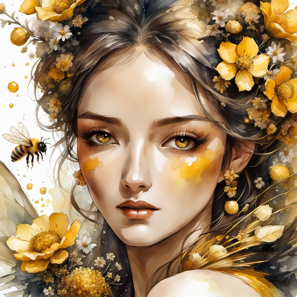 Enchanted Bee Girl in a Honeyed Garden