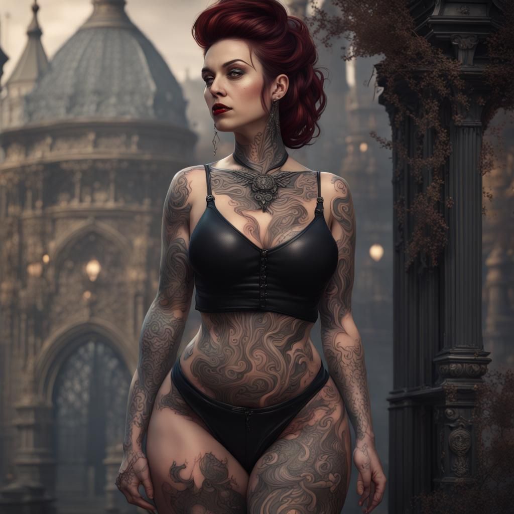 Curvy Goth Woman with Tattoos: Detailed Digital Painting