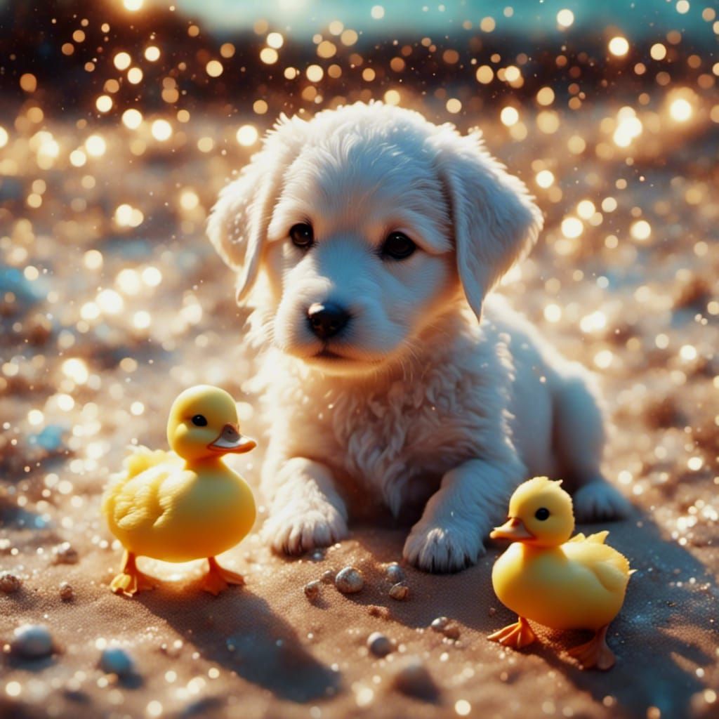 a cute puppy with ducklings on a beach